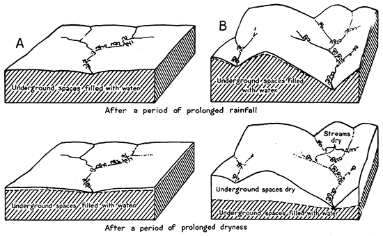 Water table can fall evenly in dry periods if region is flatter; in hilly regions water moves to lower areas leaving higher areas dry.