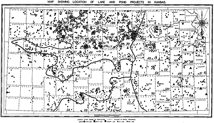 Map showing distribution of lakes and farm ponds that have a maximum depth of ten feet or more in Kansas.