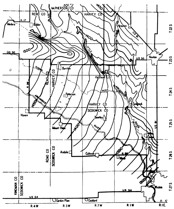 Map of the ground-water table in an area surrounding Halstead.