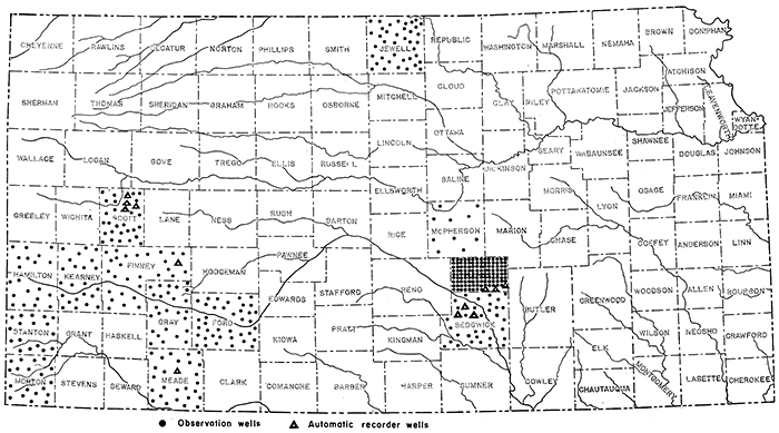 Map of Kansas showing schematically the distribution of ground-water observation wells.