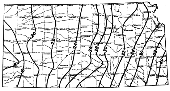 Annual rainfall as high as 40 inches in SE Kansas; as low as 15 inches in far western counties.