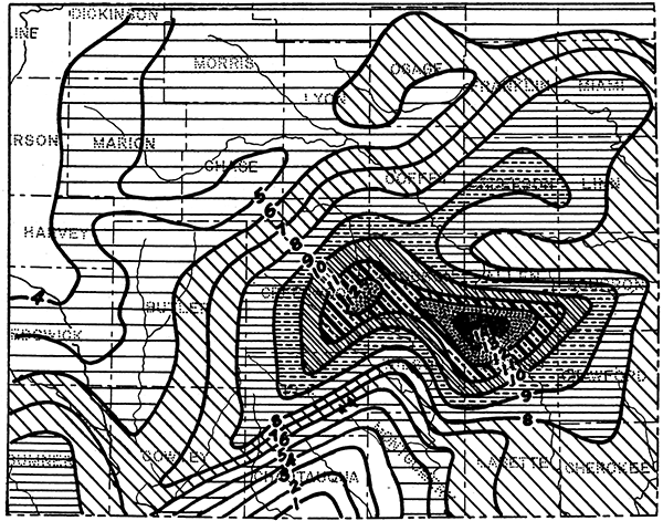 Map of southeastern Kansas counties showing concentrated rainfall during a twelve-day period in April, 1927.