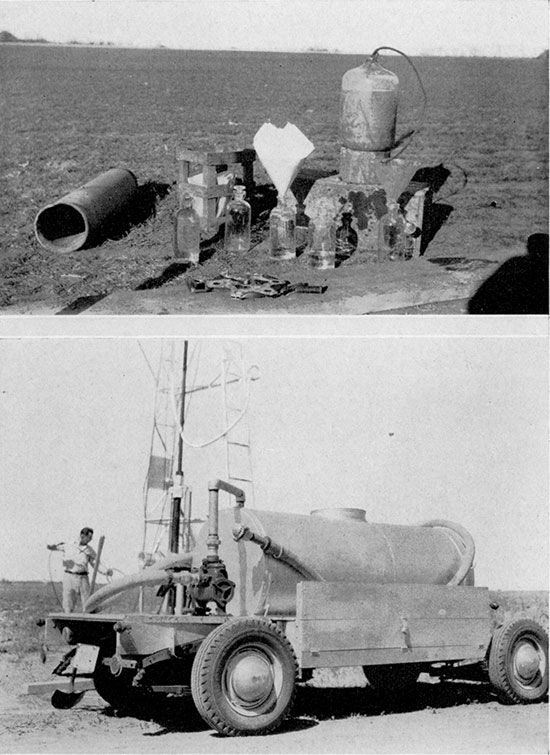 Black and white photos of equipment used in water testing and of a water tank used to assist in drilling a well.