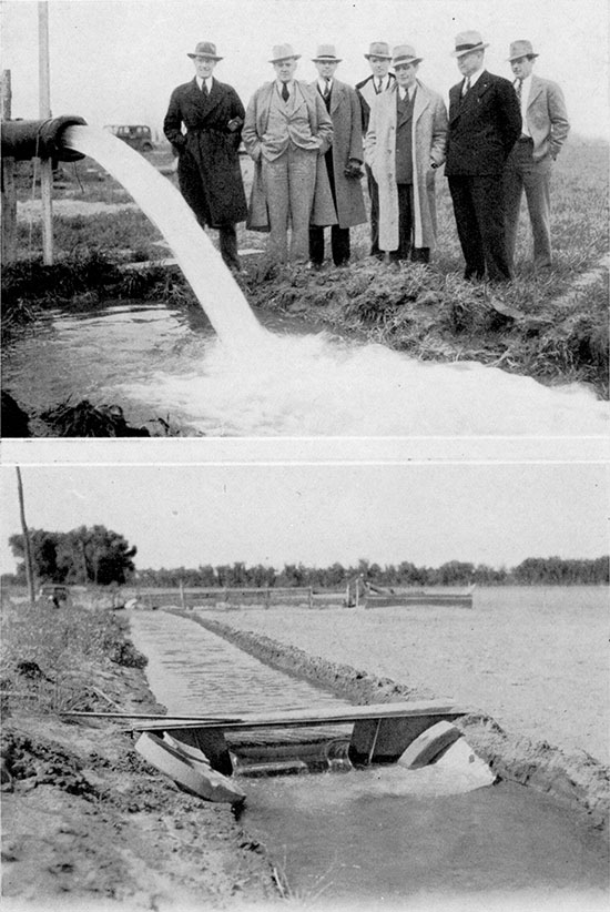 Black and white photos; upper is of new Wichita water well flowing, lower is of flow measurement near Dodge City.