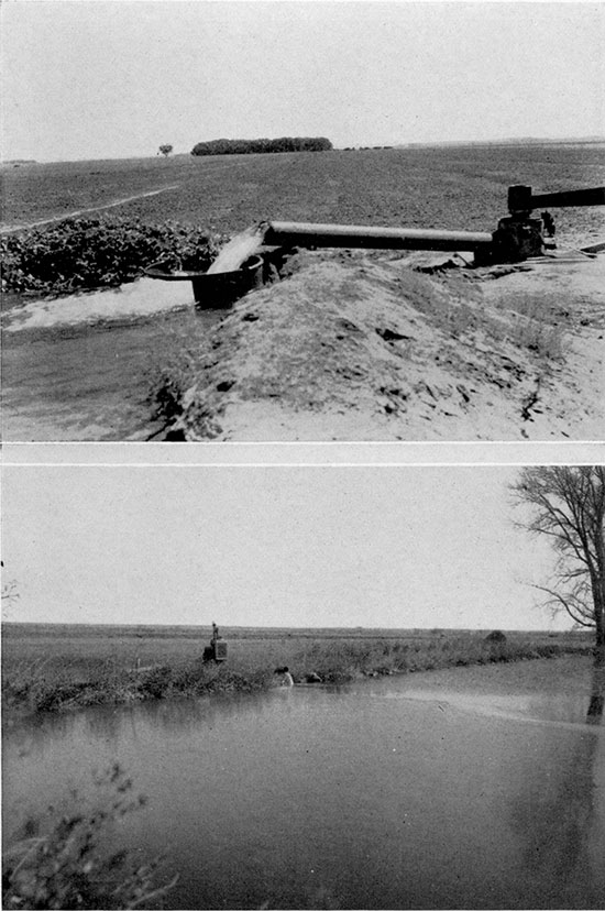 Black and white photos; upper is of well pumping from Ogallala in Meade County, lower is of pond in Meade basin fed from artesian well.