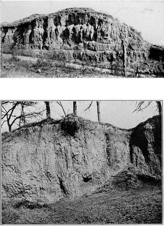 Black and white photos; upper is of loess in Republic County, lower is of alluvium on bank of a tributary to the Republican River.
