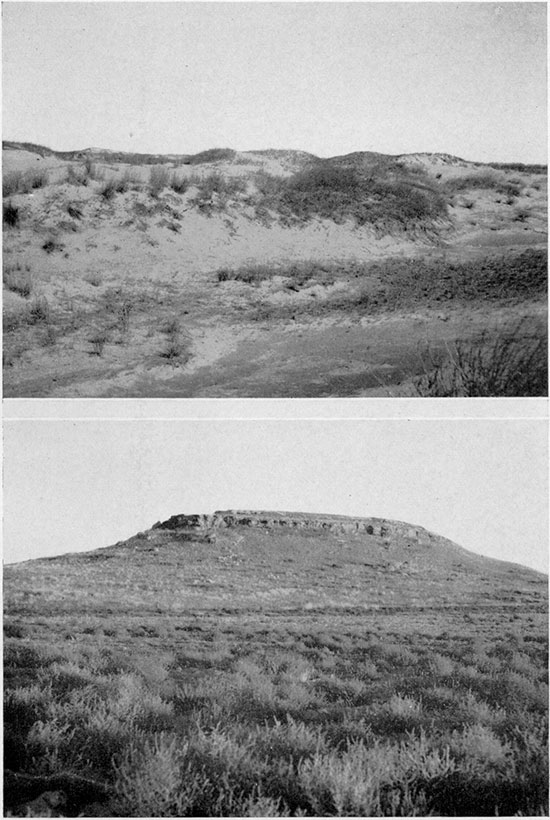 Black and white photos; upper is of sand dunes northwest of Hutchinson, lower is of western Kansas stream near a sandstone hill topped by Ogallala beds.