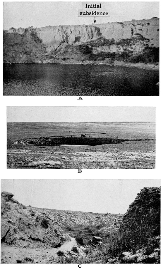 Black and white photos; top is of a sink hole from 1929, middle is a sink hole from 1901, bottom is not labeled.