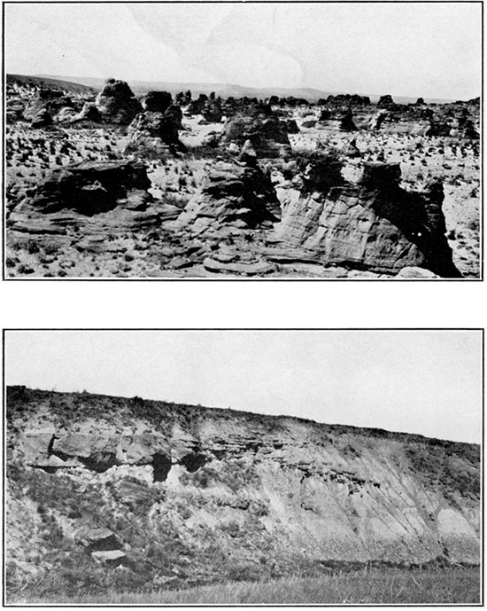 Black and white photos of exposures of Dakota sandstone in Russell County.