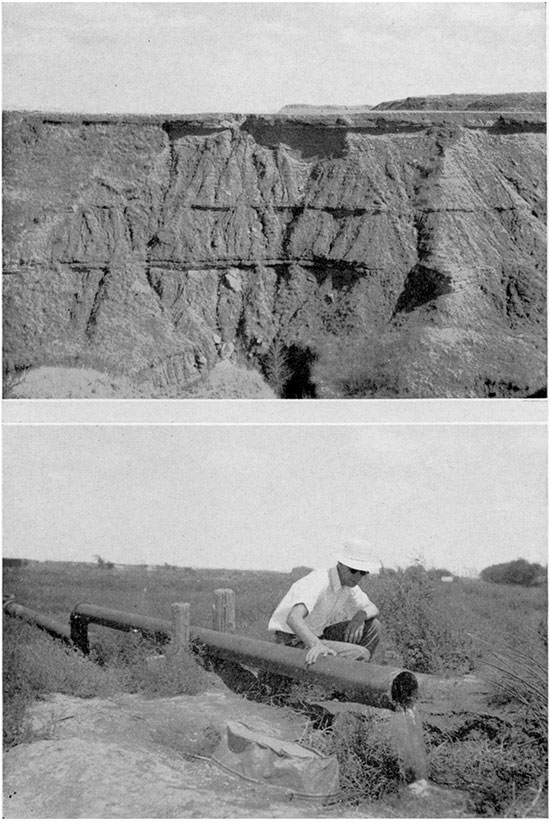 Black and white photos; upper is of Nippewalla group in Barber County, lower is of flowing well in Morton County.