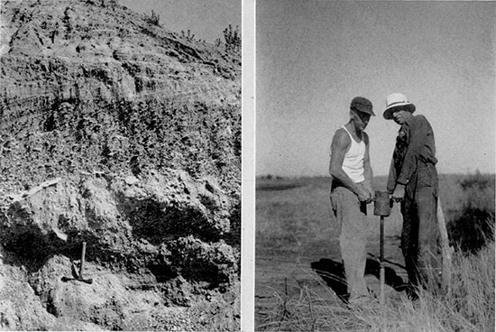 Black and white photos; left is of Ogallala deposits in Meade County, right is of two workers putting down observation well.