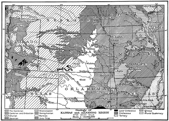 Geologic map of Kansas and surrounding states.