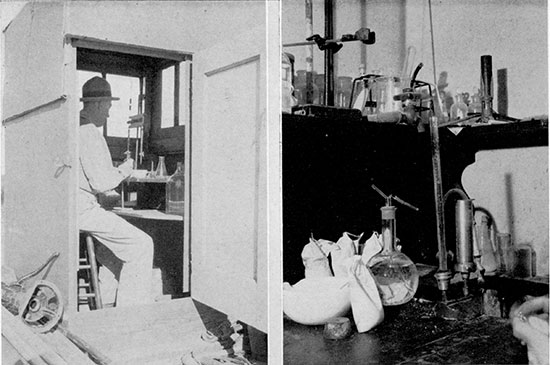 Black and white photos; left is of portable lab for chemical analysis; right is of equipment used at Survey offices.