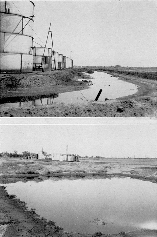Black and white photos of ponds where salt water is stored but also leaks into the fresh ground water.