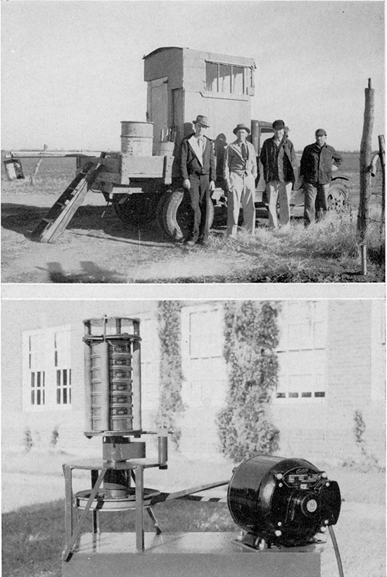 Black and white photos of equipment used in chemical analyses and understanding the rocks found while drilling a well.