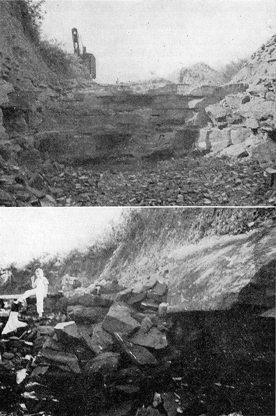 Two black and white photos of operations in the Kansas Rock Asphalt Quarry.