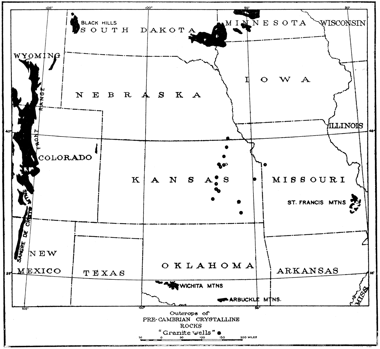 General index map showing outcrops of the Pre-Cambrian crystalline rocks and location of granite wells in Kansas.