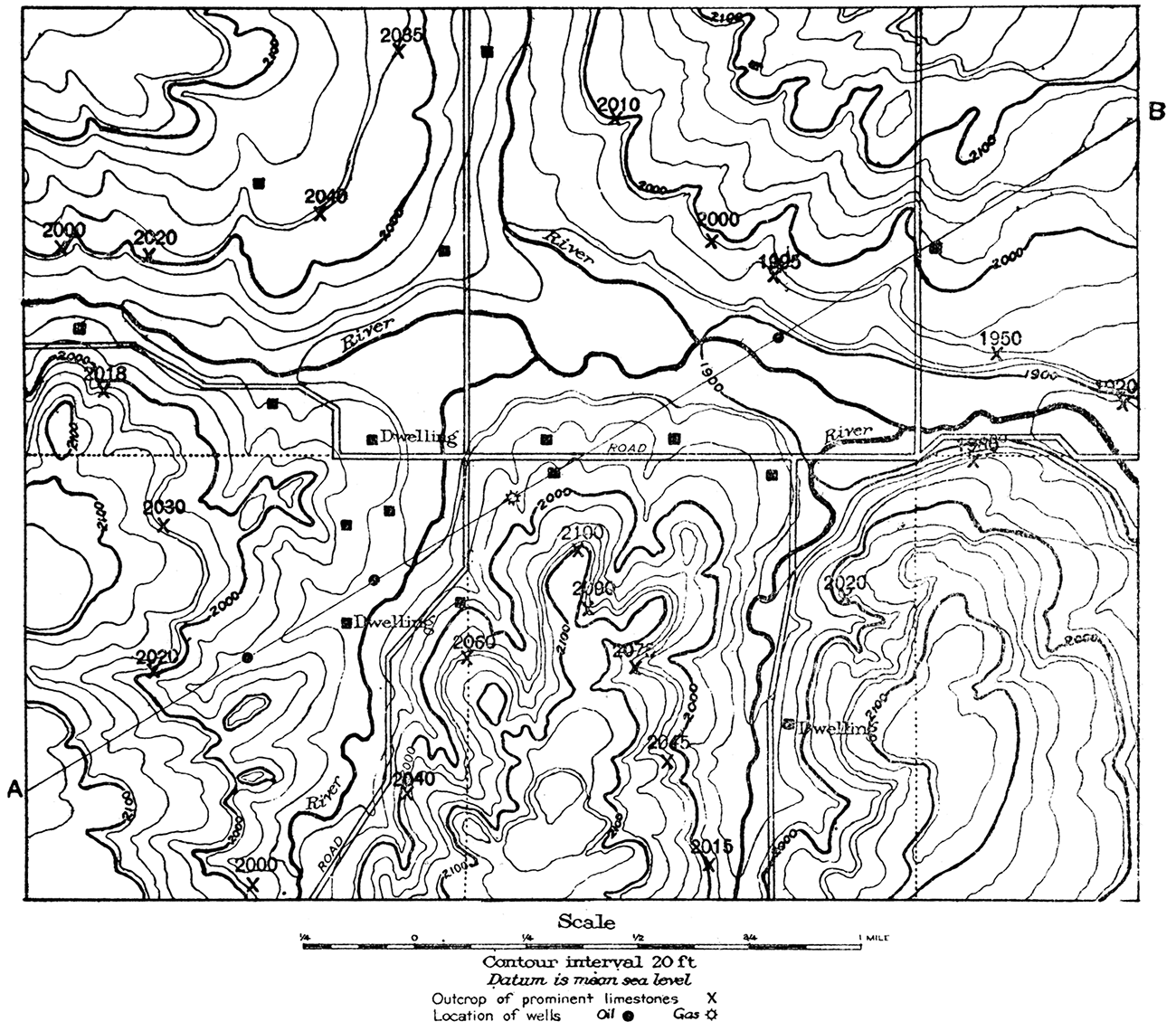 Topographic map of a small area, showing the position and elevation of outcrops of a prominent limestone bed.
