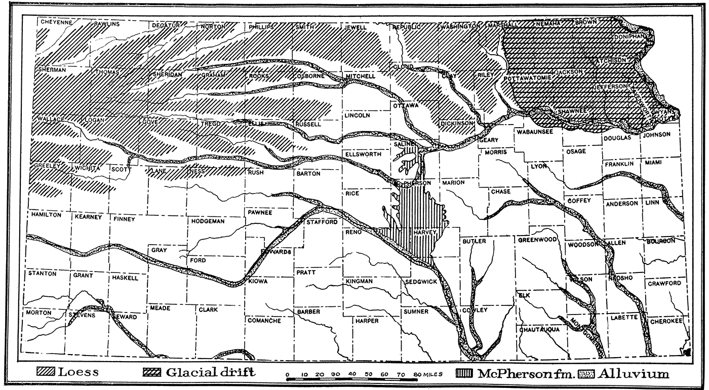 Outline map showing distribution of chief Quaternary deposits in Kansas.