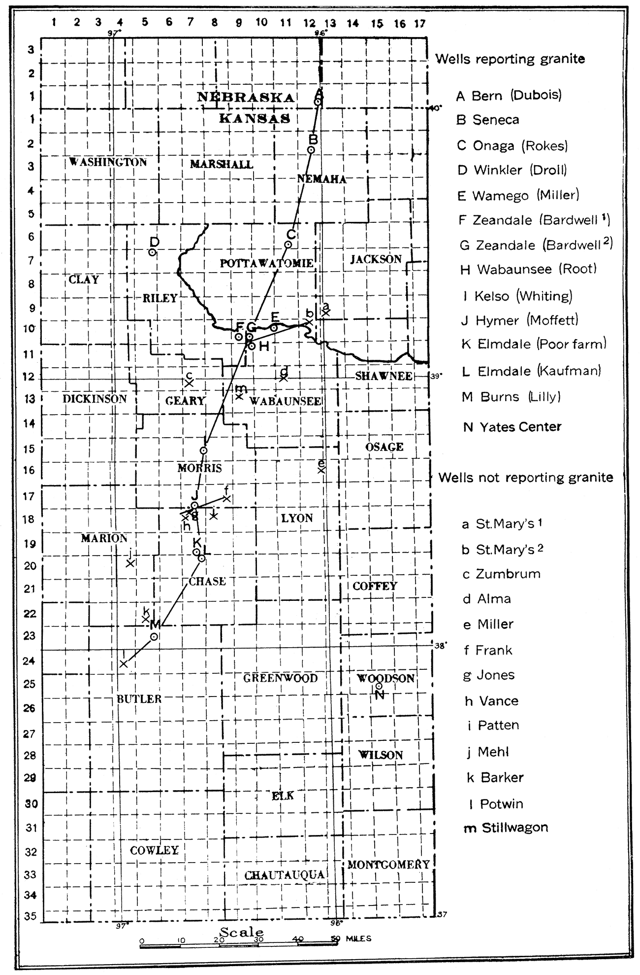 Location map of central Kansas, showing wells which have encountered granite and associated wells which have not reached granite.