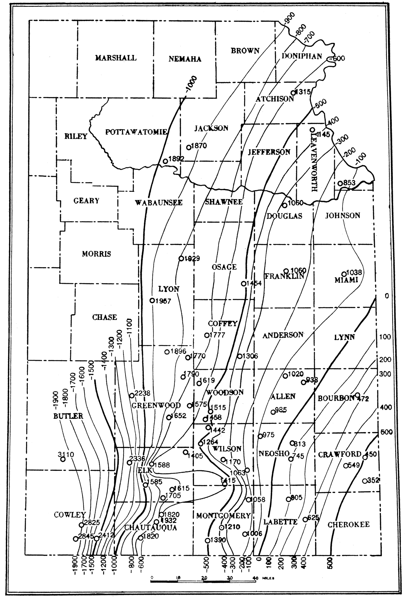Structure map of eastern Kansas.