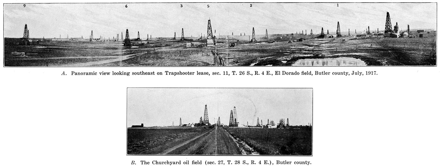 Two black and white photos; Panoramic view looking southeast on Trapshooter lease; Churchyard oil field.