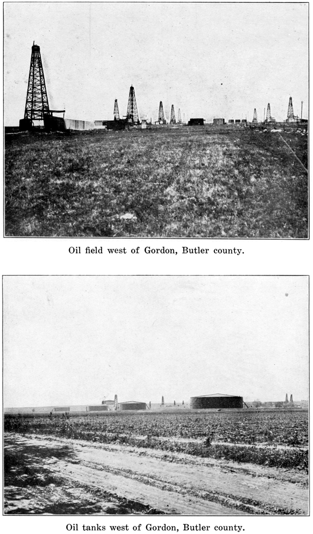 Two black and white photos; Oil field west of Gordon, Butler county; Oil tanks west of Gordon, Butler county.