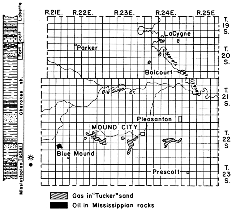 Tucker sand gas in various ranges in township 22 S; Mississippian oil in T. 22 S., R. 21 E., northwest of Blue Mound.