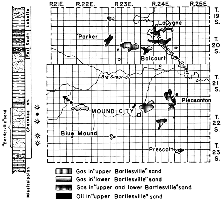 Bartlesville sand gas in several areas of Linn Co., trending to eastern half; oil in southern half of county.