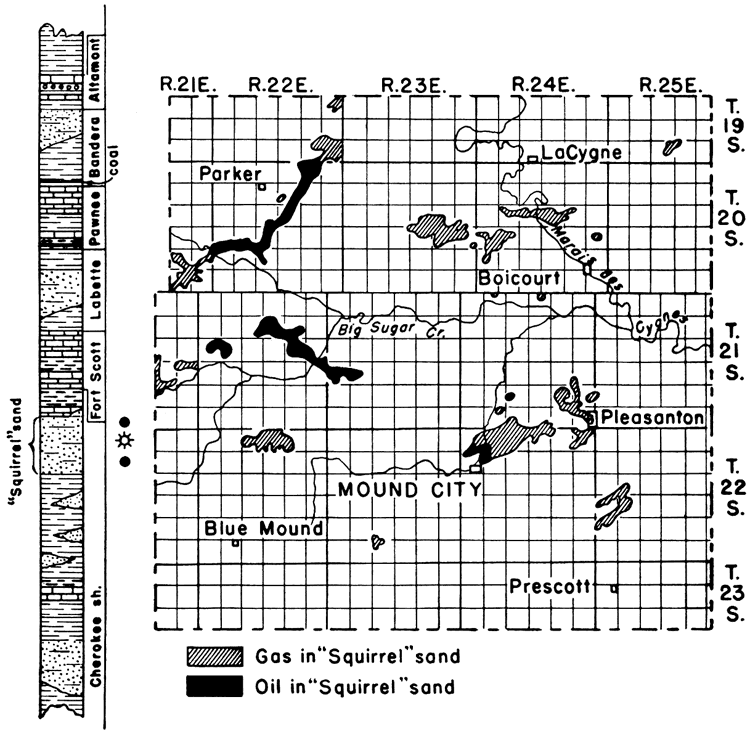 Squirrel sand gas in several areas of Linn Co.; oil primarily in northwest quarter of county.