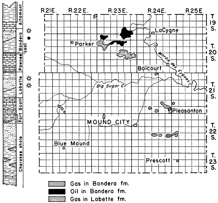 Bandera oil in north-central part of state; Bandera gas is also mostly in north-central; Labette gas in small pools in southeast.