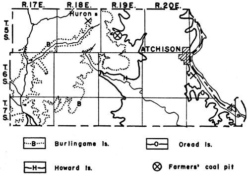 Abandoned mine near Huron along Burlingame Ls and another south of Atchison along Oread Ls; farmers coal pit along Howard Ls in north-central Atchison Co.