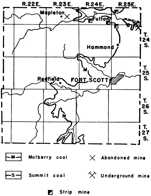 Abandoned mine near Mapleton; strip mines along Mulberry coal outcrop near Fulton; underground mine east of Fulton by Summit coal outcrop.