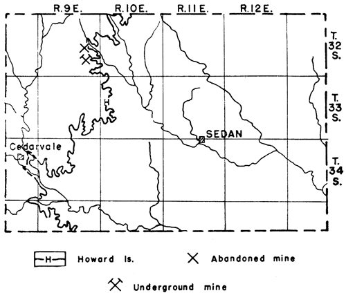 Abandoned and underground mines located along Howard Ls outcrop in northwest part of county.