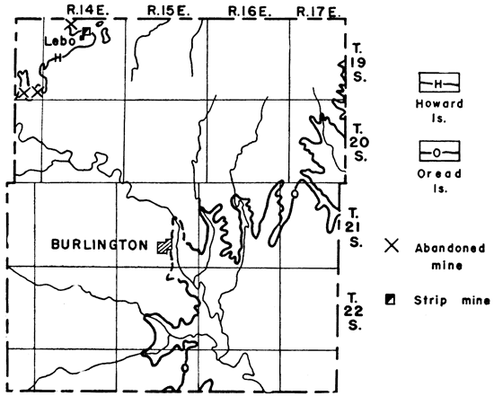 Abandoned mines and strip mine in NW part of county along Howard Ls.