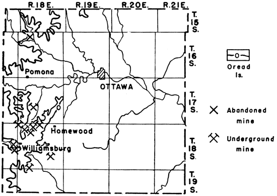 Underground and abandoned mines along Oread Ls outcrop in western Franklin Co, most in SW part of county.