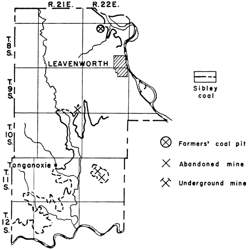 Mines in Sibley coal outcrop in SE part of county and aong outcrop in centerl Leavenworth Co.