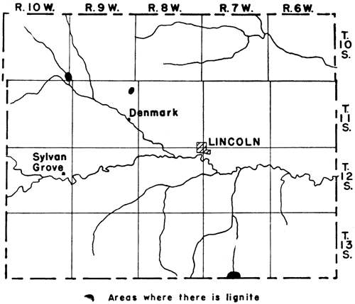 Lignite in NW and far south-central Lincoln Co.