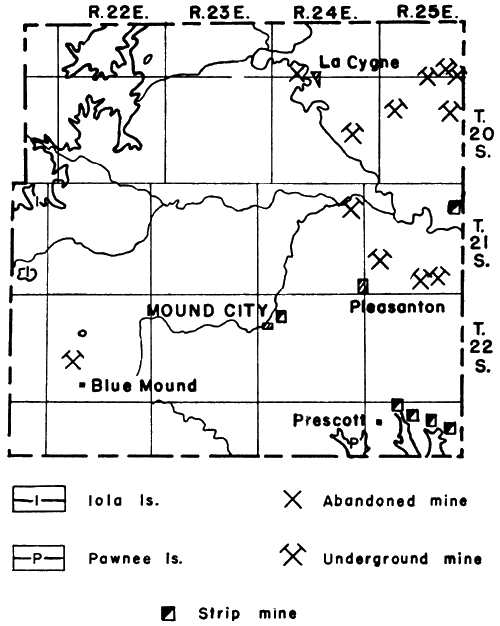 Strip mines in SW corner near Pawnee Ls outcrops; most underground mines in NE or east-central part of Linn Co; one mine in SW near Blue Mound.