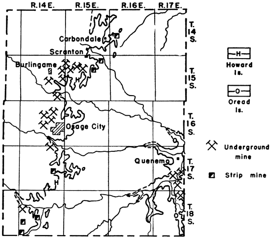 Strip mines in SW corner and north-centralOsage Co. near Howard Ls outcrops; underground mines in SE along Oread Ls outcrop or in west along Howard outcrop.