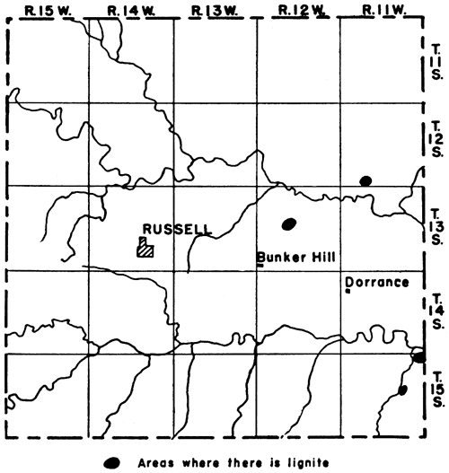 Lignite in SE and east-central Russell Co.