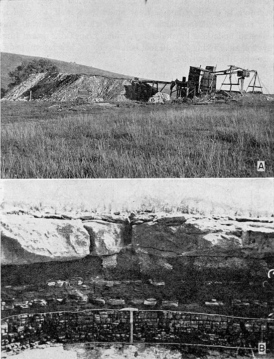 Two black and white photos; top is of equipment outside workings of Curtis mine; bottom photo is of Nodaway coal, rock hammer for scale.