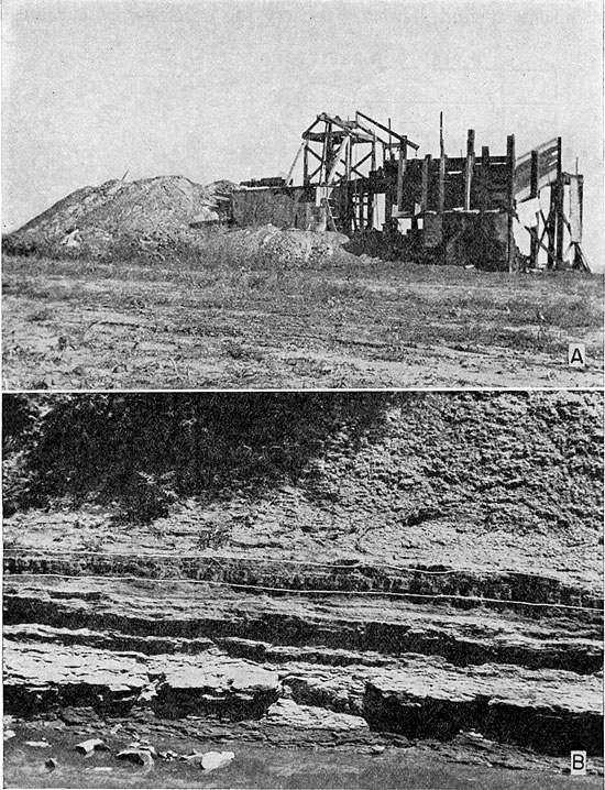 Two black and white photos; top is of equipment outside shaft mine near Tonganoxie; bottom photo is of Sibley coal outcrop.