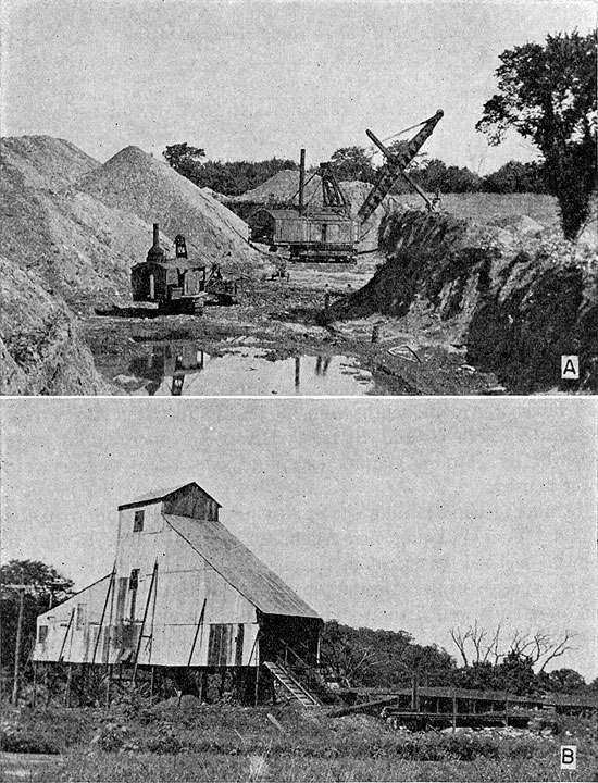 Two black and white photos; top is of large steam shovel working in strip mine; bottom photo is of metal-sided building at mine.