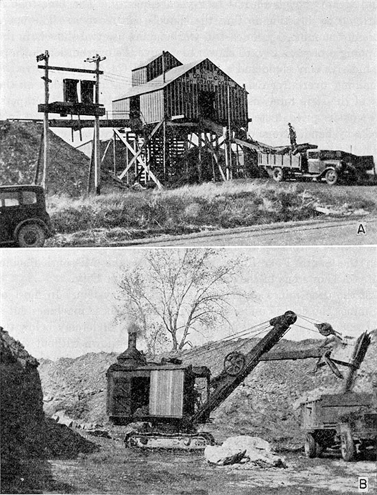 Two black and white photos; top is of building at top of mine shaft loading coal into truck; bottom photo is of small steam shovel loading a truck.
