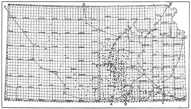 Map of Kansas showing wells used in study; primarily in central and south-central Kansas.
