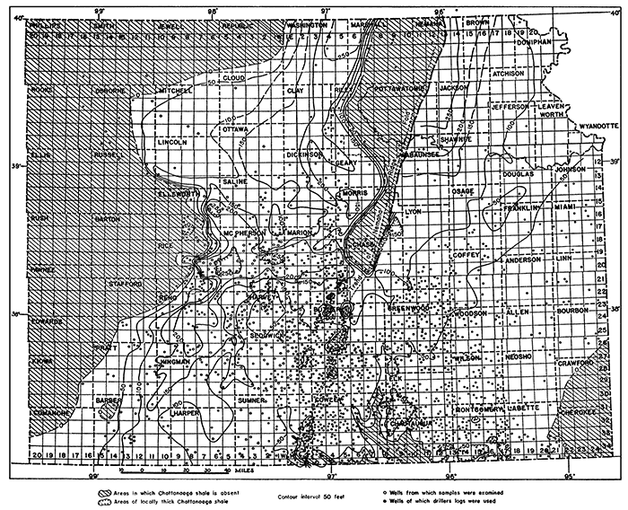 Chattanooga shale not present in far west (Comanche, Edwards, western Stafford, western Rice, western Ellsworth, Russell, Osborne, Jewell, and Republic); also missing in Cherokee and Crawford; also missing in a few areas west of Nemaha Ridge.