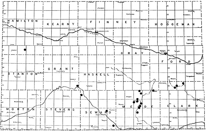 Map showing location of volcanic ash deposits in southwestern Kansas.