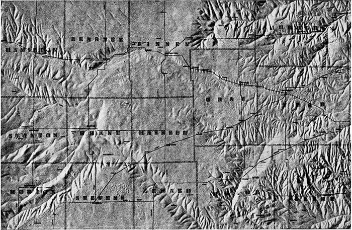 Photo of shaded relief map of southwestern Kansas.