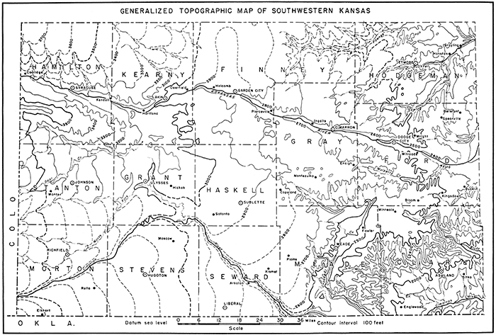 Generalized contour map of southwestern Kansas.